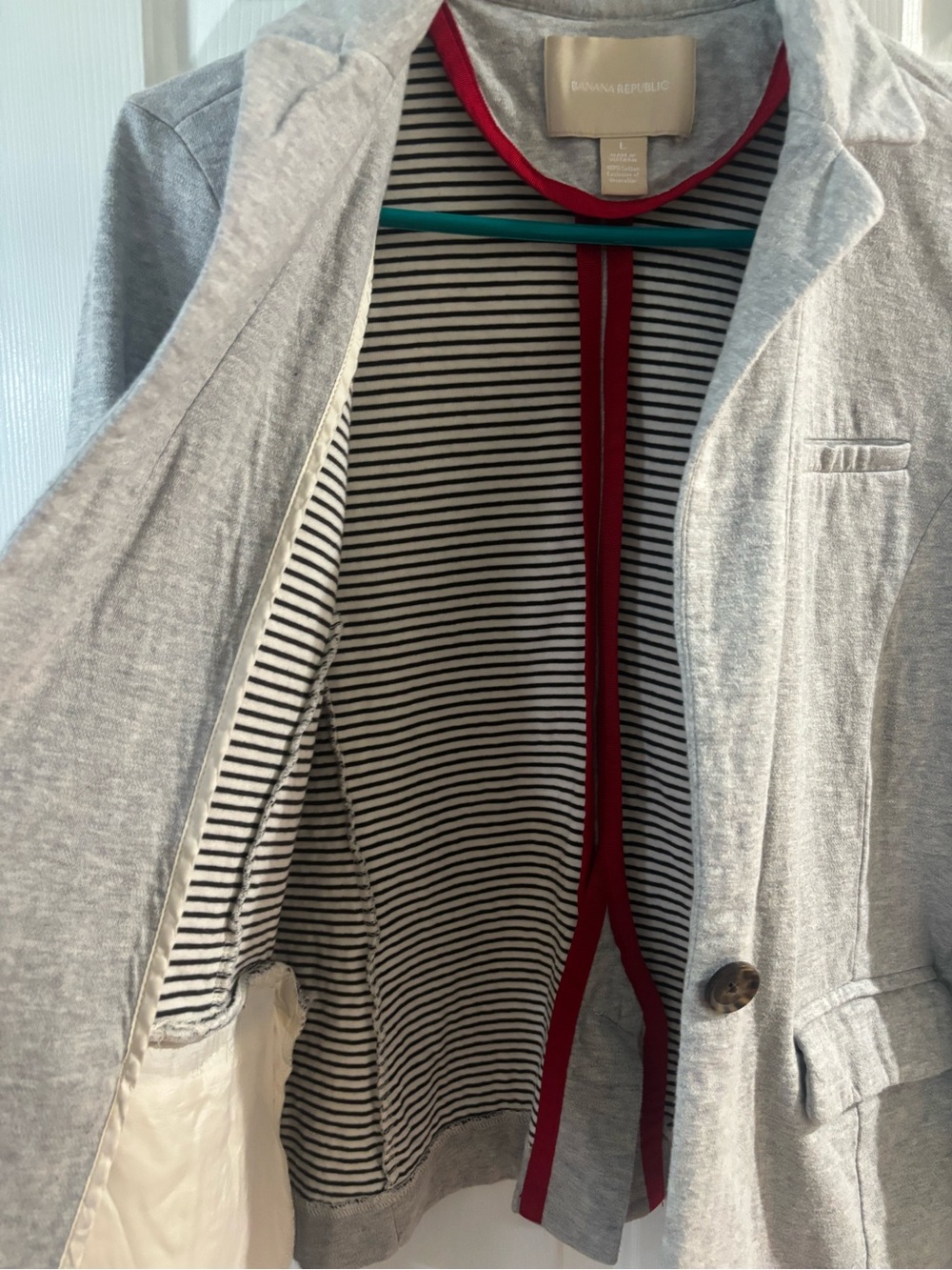 Banana Republic Light Gray Blazer with Red Trim and Striped Lining